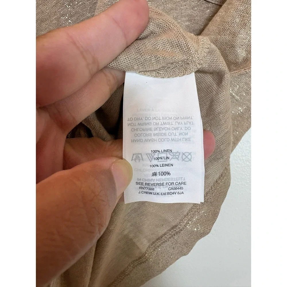 J.Crew Women Linen Metallic Gold  Tan Foil Pocket V-Neck Shirt Small Sheer Chic
